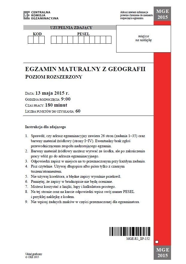 Matura 2015. GEOGRAFIA LO [ARKUSZE, ODPOWIEDZI]