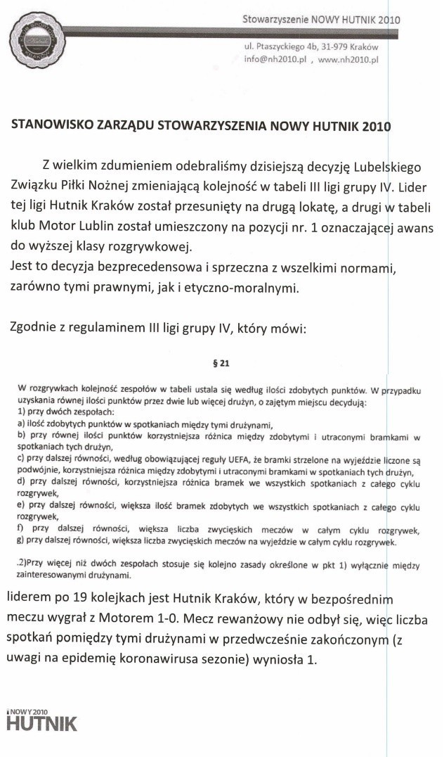 "Wyrolowanie" Hutnika Kraków. Prezes Ryszard Niemiec o awansie Motoru Lublin do 2 ligi