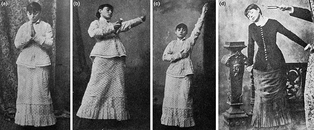 Ilustracje przedstawiające eksperymenty z hipnozą, pochodzące z książki Karoly'a Laufenauera z roku 1899