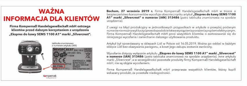 Lidl wycofuje ze sprzedaży ekspres do kawy