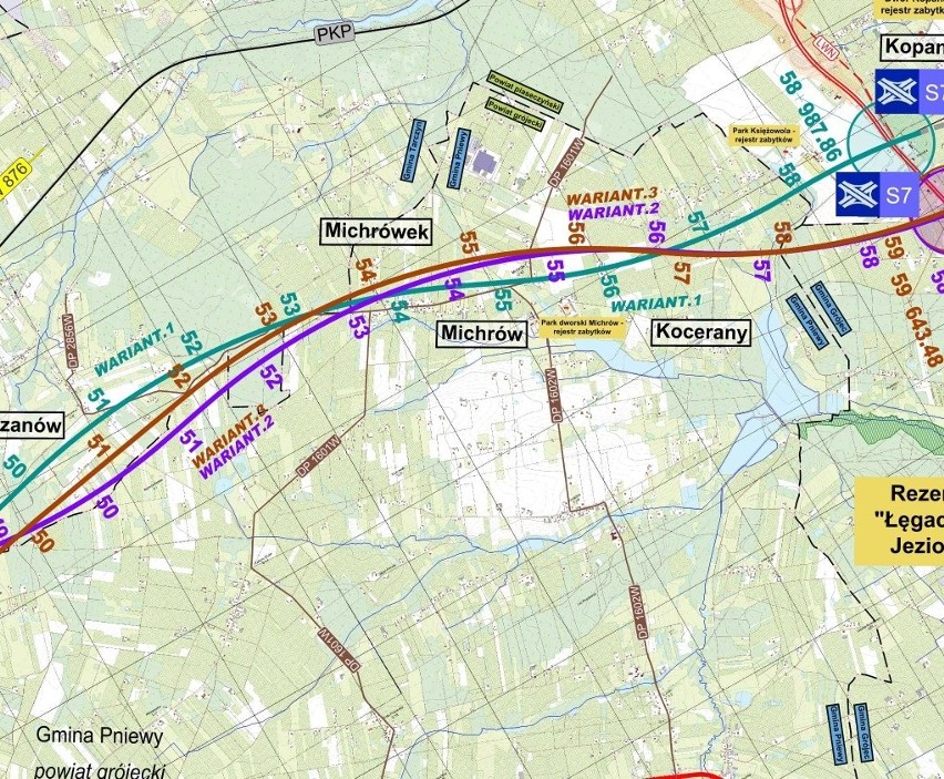 Planowane warianty przebiegu trasy przez gminę Pniewy.