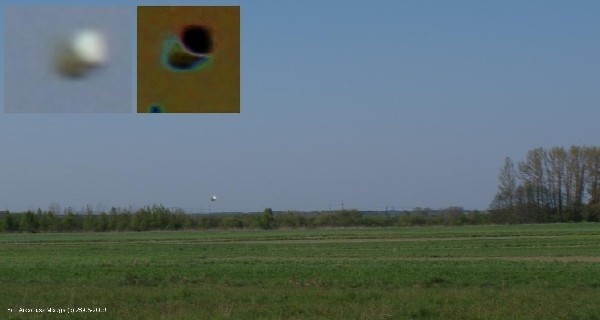Niezidentyfikowany obiekt latający (NOL) zaobserwowany koło Ropczyc. W "okienkach&#8221; na górze, fragmenty zdjęcia w powiększeniu.
