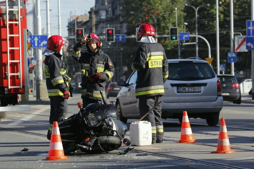 Pl. Wróblewskiego: Wypadek z udziałem motocyklisty. Nie jeździły tramwaje na Księże Małe [FOTO]