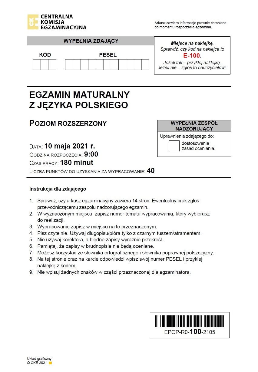 Matura 2021: język polski, poziom rozszerzony. ARKUSZ CKE...