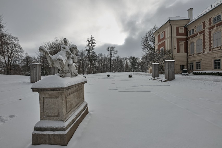 Park przy Zamku w Łańcucie przyprószony śniegiem. Idealne miejsce na spacer [ZDJĘCIA]