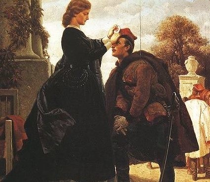 Na obrazie Artura Grottgera "Pożegnanie powstańca&#8221; kobieta przypina rozetkę o czerwonym sercu.