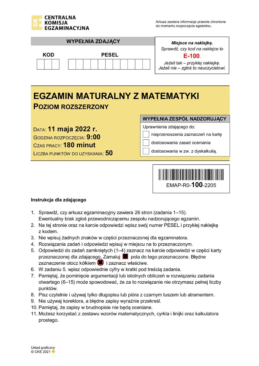 Oto odpowiedzi z matury 2022 - matematyka rozszerzona. Mamy arkusz CKE i sugerowane odpowiedzi z matematyki