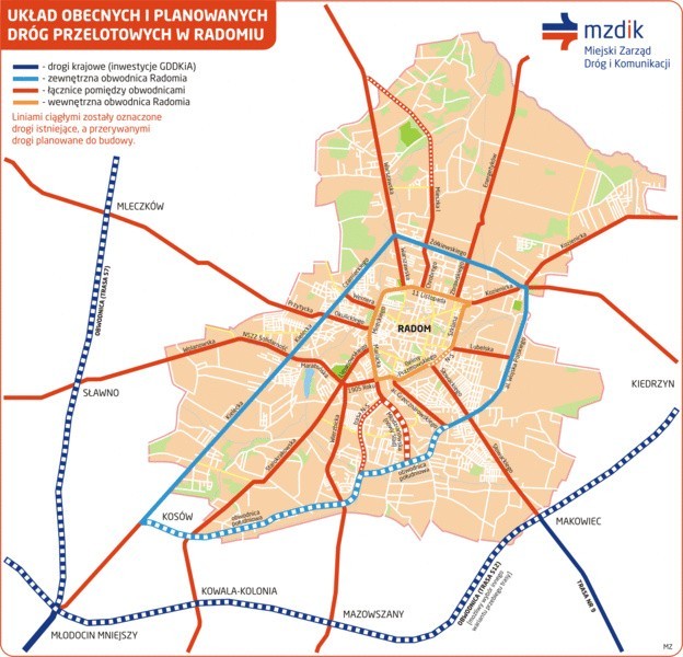 Tak ma wyglądać w przyszłości sieć strategicznych dla Radomia dróg; linią przerywaną zaznaczono drogi w budowie lub w planach, kolorem czerwonymi jasno niebieskim drogi miejskie, fioletowym &#8211; Generalnej Dyrekcji Dróg Krajowych i Autostrad.