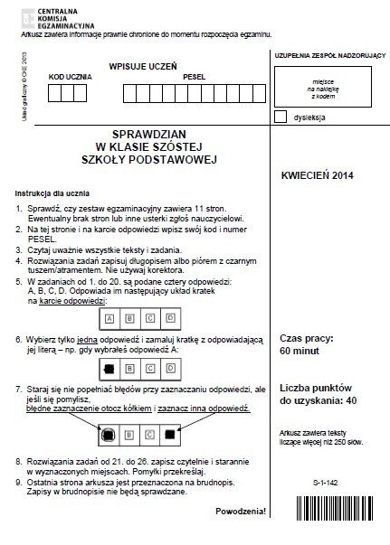 Sprawdzian szóstoklasisty 2014 z CKE 1.04.2014. ARKUSZE,...