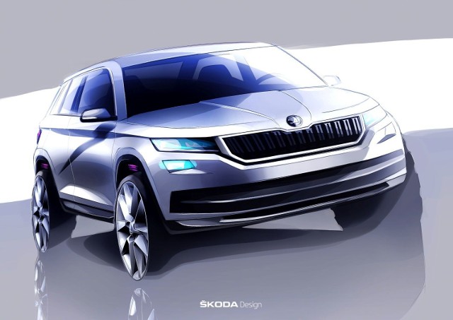Skoda Kodiaq Producent pokazał jak nowy SUV o nazwie Kodiaq prezentuje się na pierwszych szkicach. Wersja produkcyjna auta ma zadebiutować we wrześniu. Fot. Skoda
