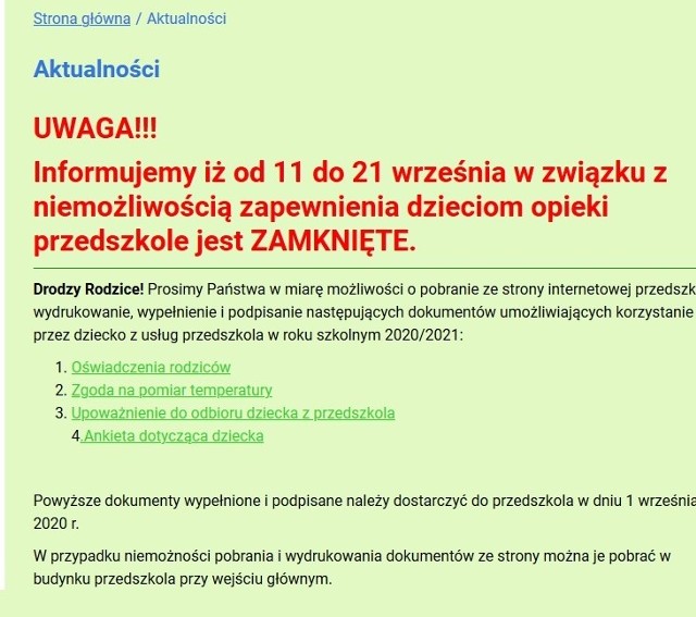 Przedszkole nr 5 w Łowiczu jest zamknięte do 21 września włącznie