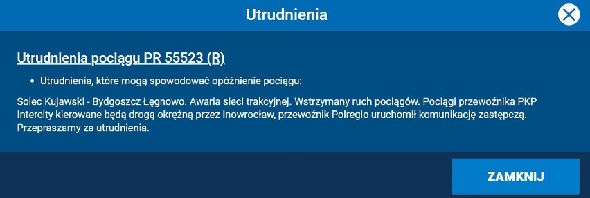 Znaczne utrudnienia na kolejowej trasie Bydgoszcz-Toruń. Zerwana sieć trakcyjna!
