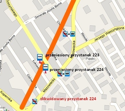 Mapa przedstawia nową lokalizację przystanków