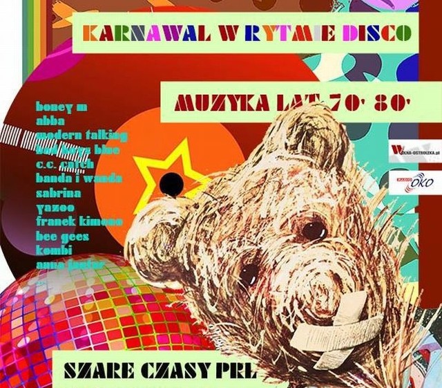 Klub Wizja Chillout Club & Restauracja ul. Rolna 31b Ostrołęka zaprasza 22 lutego na karnawał w rytmie disco. Jak zapewniają organizatorzy goście przeniosą się w szare czasy PRLu i kolorowe czasy muzyki disco z lat 70 i 80 ubiegłego wieku. Klub zapewnia dobrą zabawę przy muzyce takich zespołów jak: Beegees, Abba, Boney M, Modern Talking,      C.C. Catch, Franek Kimono, Yazoo, Kombi, Banda i Wanda . . .  Na gości czekać będą dwa gorące posiłki, przystawki, napoje w tym alkohol.  Dla osób, które swoim strojem nawiążą do klimatów lat 70 i 80 miła niespodzianka. Cena &#8211; 200 zł od paryTelefon - 29 640 28 60