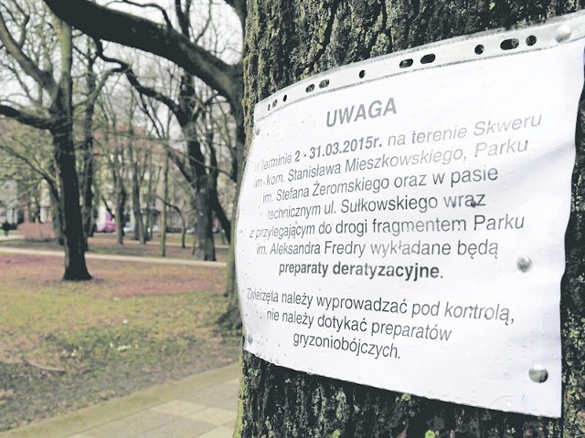 Kartki z informacją o deratyzacji zawisły na drzewach w parku nadmorskim. Informują, że w marcu na tym terenie będą wykładane preparaty deratyzacyjne.