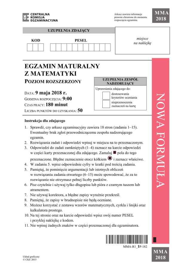 Matura 2018 matematyka rozszerzona ARKUSZE CKE, PYTANIA, ODPOWIEDZI MATURA ROZSZERZONA MATEMATYKA 09.05.2018