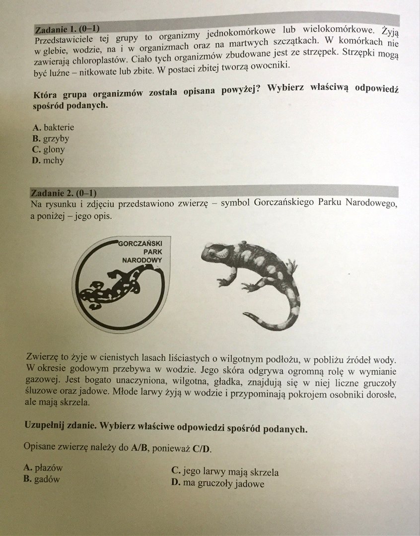 Egzamin gimnazjalny 2016 BIOLOGIA, CHEMIA, FIZYKA, GEOGRAFIA (PYTANIA