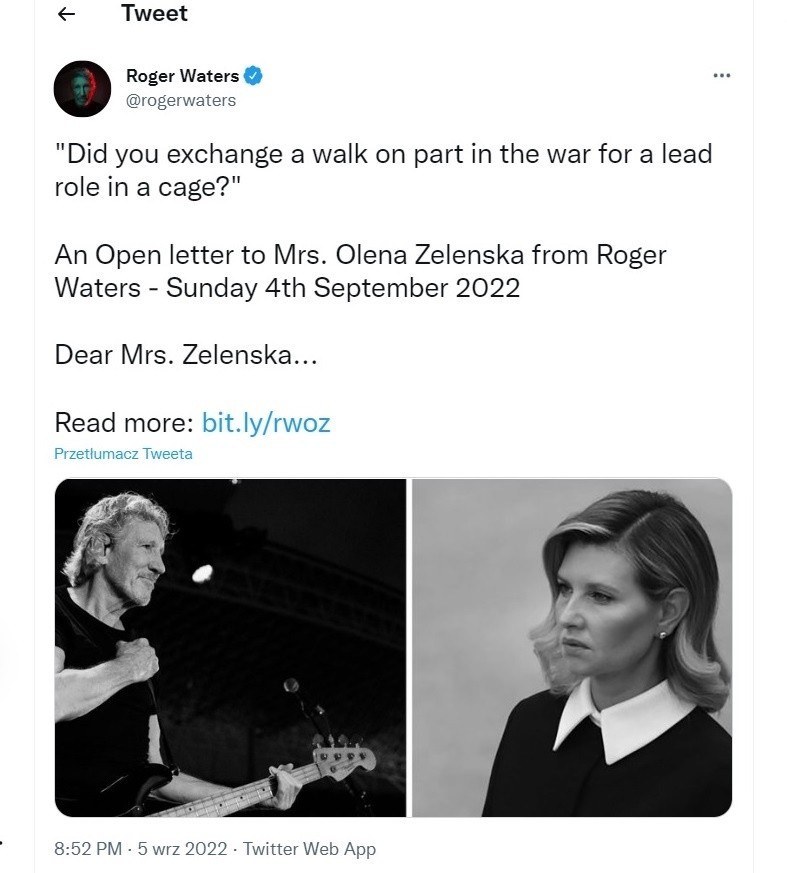 Roger Waters pisze do Ołeny Zełenskiej, czyli list przemądrzalca z Zachodu do Pierwszej Damy Ukrainy