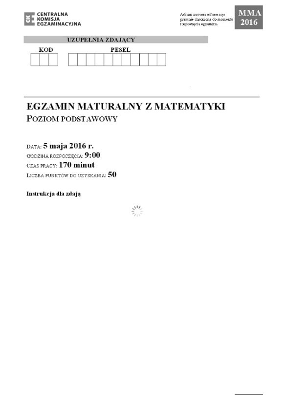 Matura 2016 MATEMATYKA podstawowa (mamy ARKUSZ + KLUCZ ODPOWIEDZI + ROZWIĄZANIA)