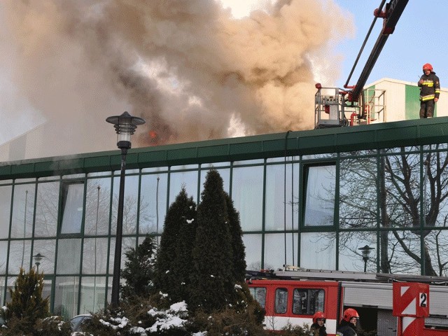 Strażacy uwijali się na dachu biurowca Kronospanu starając się nie dopuścić do rozprzestrzenienia się ognia. 