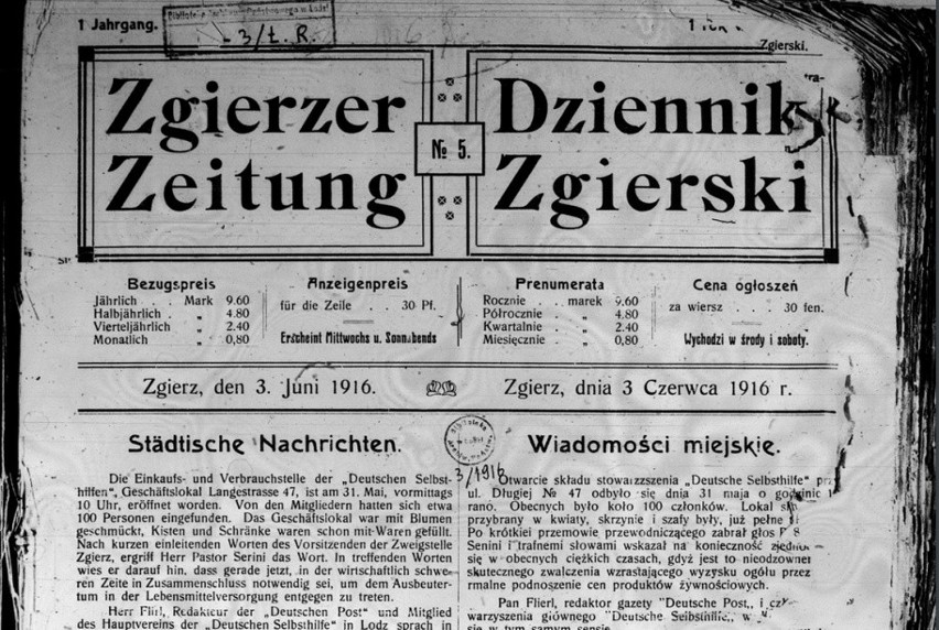 20 maja 1916 r. ukazał się pierwszy numer „Zgierzer Zeitung...