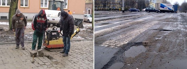 Konsylium radzi nad niedawno położnym brukiem w centrum (ulica Zawiszy Czarnego); ulice być może dziś będą odbierane (zdjęcie z lewej). To skrzyżowanie Monte Cassino &#8211; Fałata jest przewidziane do remontu dopiero za dwa lata.