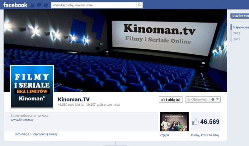 Kinoman.tv ma swój profil na Facebooku. Lubi go ponad 46...