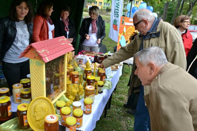 Stoisko stalowowolskich pszczelarzy w Bełchatowie, ze szklanym ulem.
