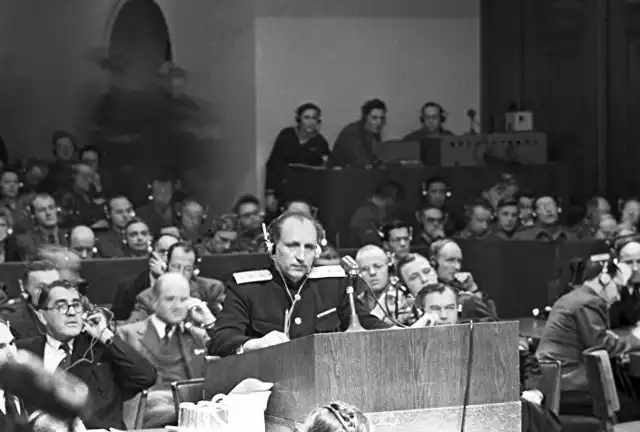 Sowiecki prokurator Roman Rudenko w czasie procesu norymberskiego, 1946