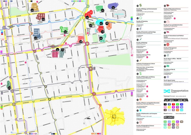 Ostatnia, najbardziej czytelna mapa głównych budynków UŁ powstała dla studentów zagranicznych (stąd język angielski, a potem polski). Ale filologia (nr 3) przeniosła się już na Pomorską 171/173