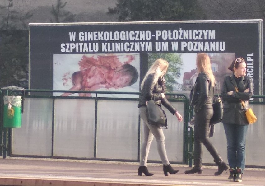 Samochód ciągnący przyczepę z drastycznym plakatem jeździ po...