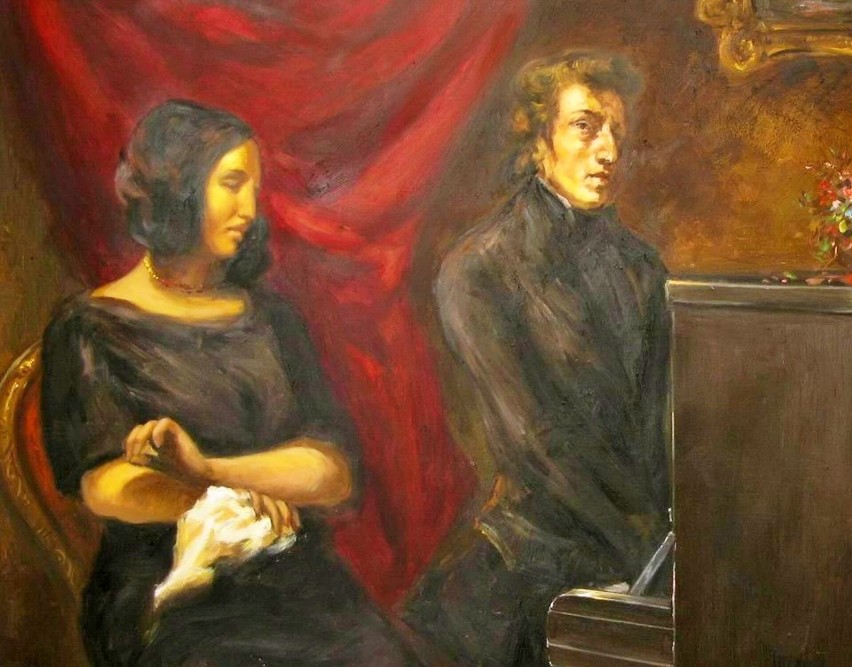 George Sand i Fryderyk Chopin na obrazie autorstwa Eugène...