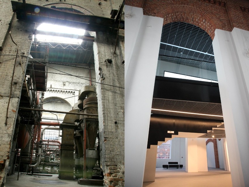 PO lewej- stara hala, po prawej- nowoczesne wnętrze obiektu.