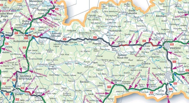 Mapa nowych odcinków autostrad na Słowacji.