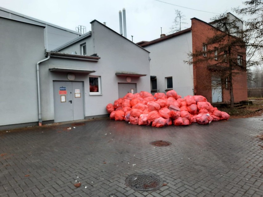 Dziesiątki worków z odpadami pocovidowymi zalegają pod...