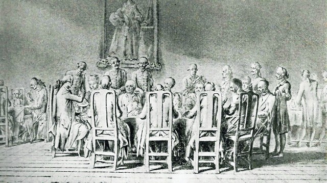 Sztych Chodowieckiego z 1773 r. „Obiad ceremonialny u prymasa Podoskiego”