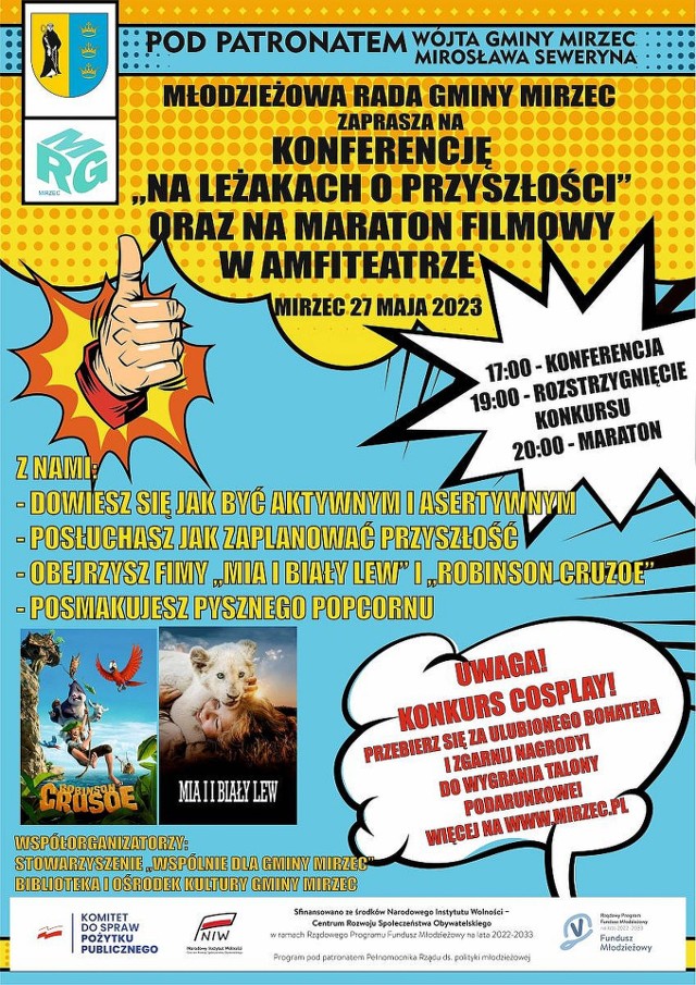 Plakat o imprezach organizowanych przez Młodzieżową Radę Gminy w Mircu