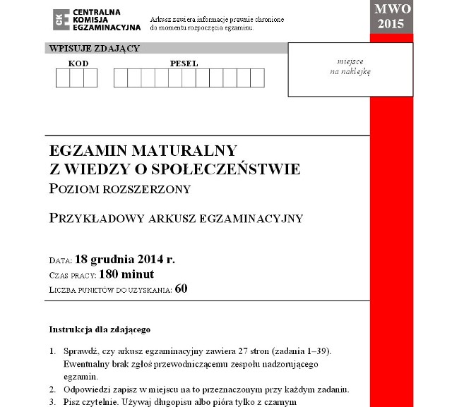 Wiedza o Społeczeństwie (WOS) - arkusze CKE i klucz odpowiedzi CKE Matura Próbna 2015 - próbna matura grudzień 2014