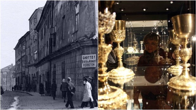 Fragmenty nagrodzonych wystaw. Po lewej: jedno z okupacyjnych zdjęć Lublina, widok na ulicę Grodzką (część wystawy „Dzielnice zagłady”). Po prawej: eksponaty z wystawy "Złotnictwo lubelskie"
