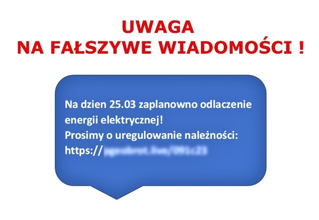 Treść fałszywego smsa: "Na dzień 25.03 zaplanowano odłączenie energii elektrycznej! Prosimy o uregulowanie należności: https:… "