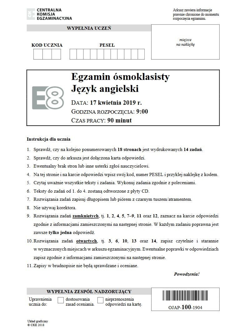 EGZAMIN ÓSMOKLASISTY 2019. Język angielski ODPOWIEDZI,...