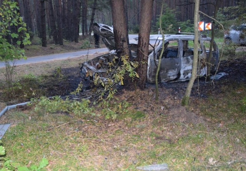 Pijany jak bela kierowca roztrzaskał samochód na drzewie. Auto stanęło w płomieniach ZDJĘCIA