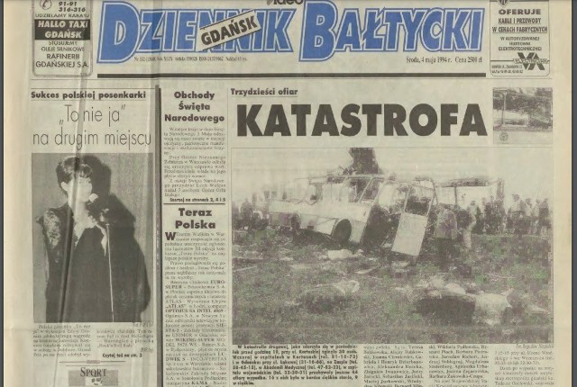 "Dziennik Bałtycki" na pierwszej stronie informował o tragicznej katastrofie autobusowej, do której doszło 2 maja 1994 roku