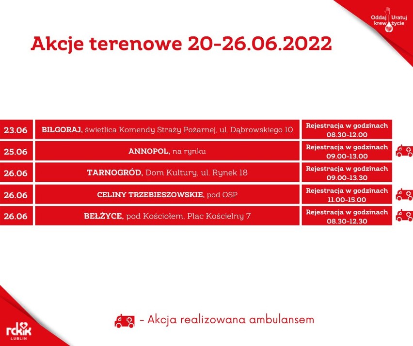 Regionalne Centrum Krwiodawstwa i Krwiolecznictwa w Lublinie zaprasza na terenowe akcje poboru krwi na Lubelszczyźnie [HARMONOGRAM]