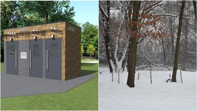 Tak ma wyglądać toaleta w Parku Piaskówka. Obecnie po metalowej konstrukcji nie ma śladu, a betonową płytę pokrył śnieg
