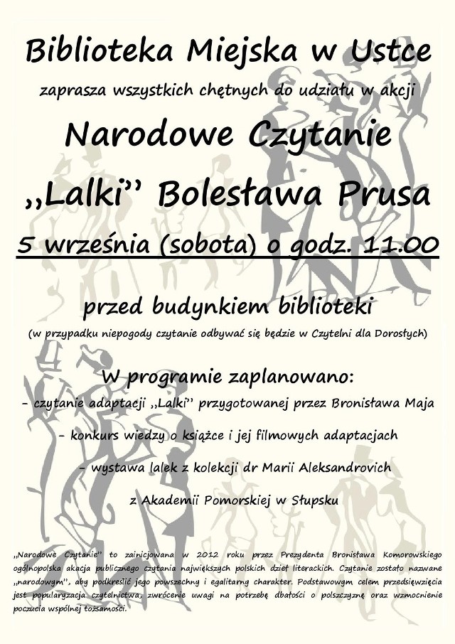 W tym roku  uczestnicy akcji będą czytać "Lalkę&#8221; Bolesława Prusa w adaptacji przygotowanej przez Bronisława Maja, literaturoznawcę, poetę i  wykładowcę Uniwersytetu  Jagiellońskiego).