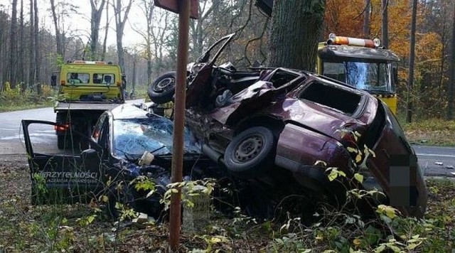 Ford fiesta uderzył w pełnym pędzie w forda mondeo. Samochody roztrzaskały się na drzewie. Kierowca mondeo nie miał szans na przeżycie.