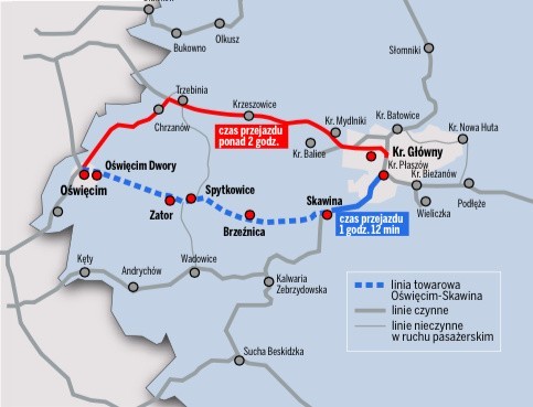 Wyremontowana trasa Oświęcim-Zator-Skawina (kolor niebieski) nadal nie będzie służyła mieszkańcom.