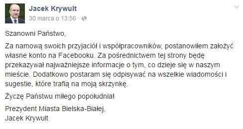 Jacek Krywult, prezydent Bielska-Białej, założył konto na Facebooku