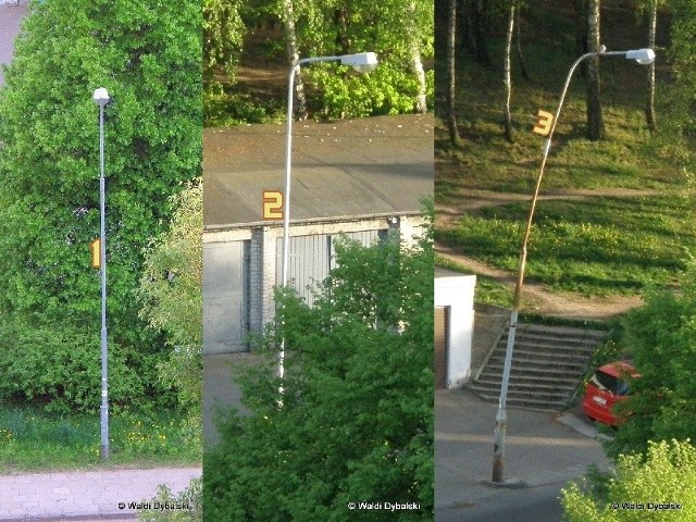 Przekrzywiona lampa stoi przy ul. Zawadzkiego w Zielonej Górze.
